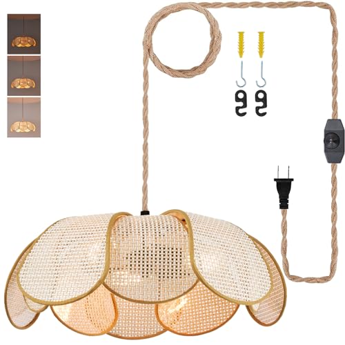 3-Light Hanging Lights with Plug in Cord, 14.3FT Stepless Brightness Flower Shaped Hanging Lamp with On/Off/Dimmable Switch, Boho Handwoven Chandelier Rattan Pendant Light for Bedroom Nursery (Cream）
