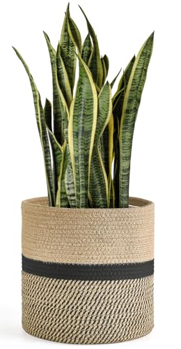 Dahey Jute Rope Plant Basket Modern Woven Storage Basket for 10.5" Indoor Planter, Decorative Flower Pots Cover Laundry Bin with Handle Rustic Home Decor, Black - color: Black, size: 10.5"W × 10.8"H