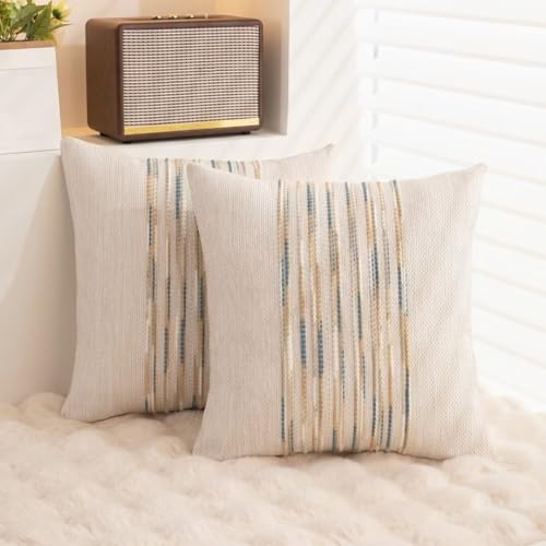 Boho Throw Pillow Covers 18x18 Set of 2 Farmhouse Decorative Cushion Case Striped Square Pillows Cover Chenille Pillow Cases Accent Neutral Pillowcase for Sofa Couch Bed,Yellow-Blue - color: Yellow-blue Stripe