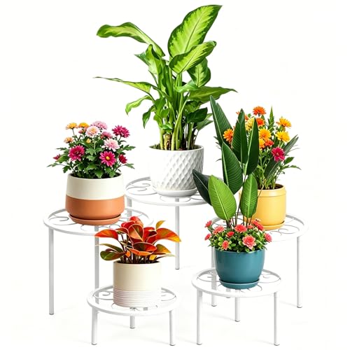 5 Pack Metal Plant Stands,Heavy Duty Potted Holder for Flower Pot, Rustproof Iron Plant Risers, Suitable for Indoor and Outdoor Decoration ,Garden Container Round Supports Rack for Planter - color: White - 5 Pack