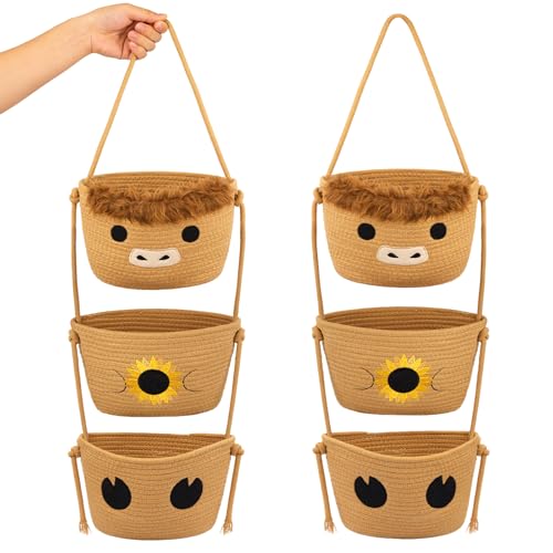 3 Tier Hanging Highland Cow Fruit Basket-Woven Cotton Wall Basket, Hanging Oval Produce Over Door Decorative Vegetable Gift Storage 0rganizer Bin for Kitchen, Bedroom, Bathroom, Nursery - color: Beige
