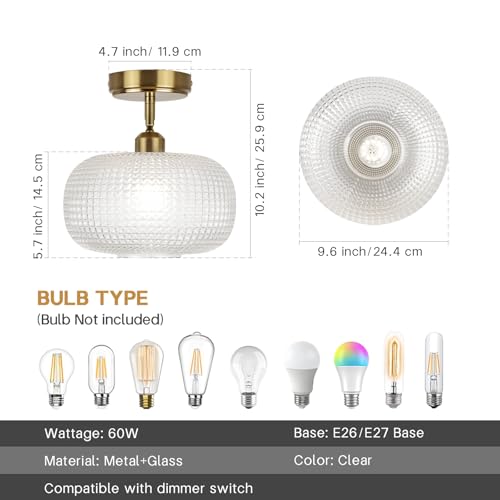 Glass Semi Flush Mount Ceiling Light Fixture, Gold Vintage Globe Lamp, Sloped Ceiling Adaptable, for Hallway, Kitchen, Bedroom, or Entryway, Modern Farmhouse Style Light for Dining Room - color: Transparent