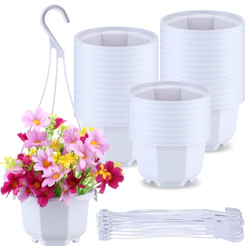 Roshtia 24 Pcs Hanging Plastic Planter Pot with Hook Flower Pots Baskets Hanging Nursery Planter Holder for Outdoor Indoor Plant Garden(Ceramic White,3.7 Inch) - color: Ceramic White, size: 3.7 Inch