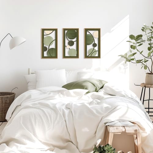 KAIRNE Boho Sage Green Wooden Wall Art,3 pieces Abstract Modern Wall Sculptures,Rustic Geometric Framed Hanging Decor,Minimalist Mid Century Wall Decor for Living Room Bedroom Farmhouse 8X16 inch - color: Boho Sage Green Wooden, size: 8"L x 16"W