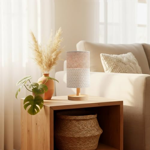 AFORTLO Table Desk Lamp, Small Fabric Boho Decorative Nightstand Night Light Solid Wood Base Lamp for Bedroom,Living Room,End Table or Office with Bulb (Brown Knit Fabric)