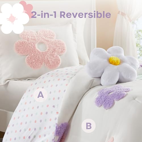 Intelligent Design Kids Twin Comforter Set for Girls, Tufted Chenille Floral Comforter Set Twin, Lightweight Polka Dot Comforter Reversible Bed Set, Sham, Pillow, Gracie, Twin White/Purple 3 Piece - color: White/Purple, size: Twin Comforter