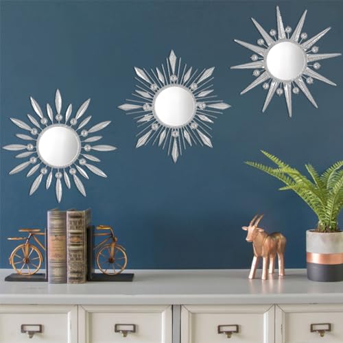 Silver Mirrors Wall Decor, Metal Sunburst Mirror Wall Art Christmas Decorative Mirrors, 9 inch Home Christmas Decoration Rhinestone Small Mirror for Living Room Entryway Set of 3 - color: Silver- a