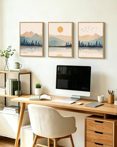 KUVIOKE Mountain Landscape Framed Wall Art Watercolor Nature Laker Painting Sun Rises Boho Farmhouse Rustic Home Decor 12x16in (Natural Framed) - color: Laker and Mountain, size: 12 x 16in x 3 Panels Natural