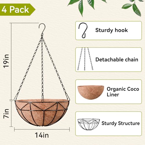 Halatool 4 Pack 14 Inch Hanging Baskets for Plants Outdoor, Round Wire Metal Baskets with Coco Liners for Garden Patio Balcony Fence, Hanging Planters for Flowers Ferns Succulents Herbs Vines - color: 14in
