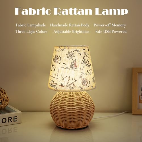 Vintage Small Wicker Lamp, Rattan Body Fabric Lampshade, Adjustable Light Color and Brightness, Power-Off Memory, Safe USB Powered, Boho Style Night Light for Bedroom Living Room (Voyage) - color: Voyage