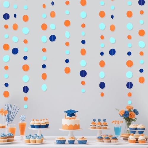 46 Ft Navy Blue Orange and Teal Circle Dots Garland Royal Blue Orange Aqua Polka Dot Hanging Paper Streamer for Birthday Wedding Bridal Baby Shower Outer Space Galaxy Theme Party Decorations Supplies - color: Blue Orange