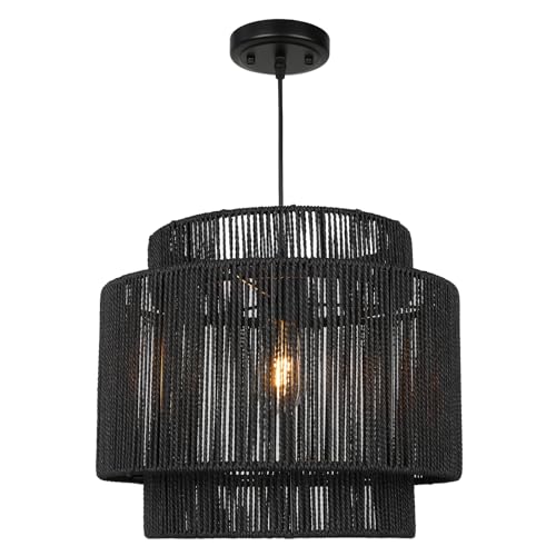 16 Inch Large Natural Simple Hand Weaved Rattan Pendant Lamp, Coastal Beach Black Rope Hanging Pendant Light Fixture for Dining Room Living Room Bedroom Kitchen Foyer - size: 6719