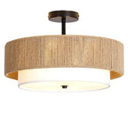 Bohemian Semi Flush Mount Ceiling Light - 18 Inch Handmade Hemp Rope Shade (Fabric Lining), Farmhouse Pendant, E26 Base, Max 60W (Bulbs Excluded), for Dining, Living, Bedroom, Kitchen - color: 18'' Hemp rope&Fabric Gold