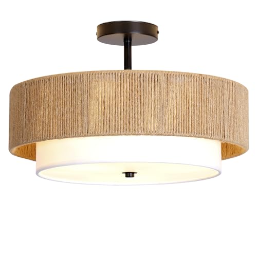 Bohemian Semi Flush Mount Ceiling Light - 18 Inch Handmade Hemp Rope Shade (Fabric Lining), Farmhouse Pendant, E26 Base, Max 60W (Bulbs Excluded), for Dining, Living, Bedroom, Kitchen - color: 18'' Hemp rope&Fabric Gold