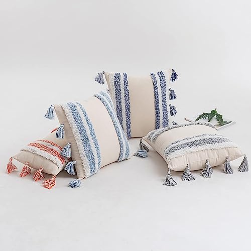 Boho Tufted Throw Pillow with Tassels, Country Thick Striped Style Soft Cushion Cover Decor wuth Zipper for Chair Bed Couch Living Room (Light Blue,18" x 18") - color: Light Blue, size: 18 x 18-Inch