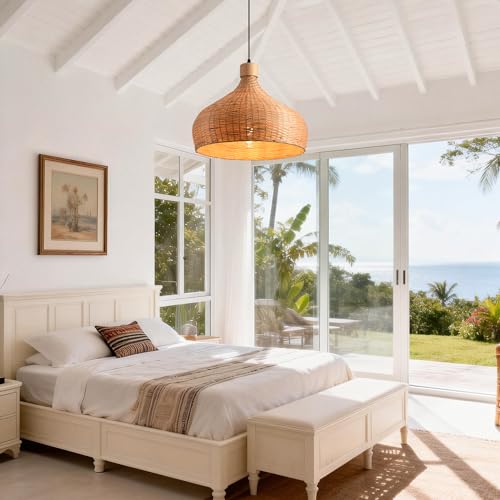 Bamboo Pendant Light, 18" Hand-Woven Rattan Hanging Light Fixture, Boho Wicker Chandelier with Adjustable Cord, Tropical Coastal Ceiling Lamp for Kitchen Island Dining Room Bedroom, E26 Base - color: D3034