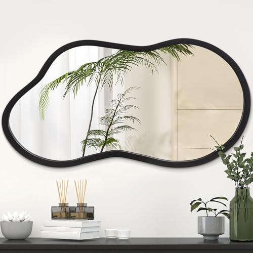 AAZZKANG Black Wall Mirror with Wood Framed Small Irregular Hanging Mirrors Modern Asymmetrical for Bedroom Living Room Entryway Bathroom Decorative 18"x10" - color: Black, size: 18"L x 10"W