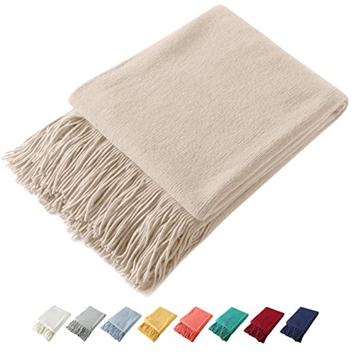 Homiest Decorative Knitted Throw Blanket with Fringe, Lightweight Acrylic Knit, Soft & Cozy Tassel Blanket for Couch, Sofa, Bed (Taupe, 50 x 60 Inch) - color: Light Beige, size: 50" x 60"