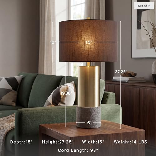 Signature Design by Ashley Jacek Contemporary Table Lamp, 2 Count, 3 Way Switch, Metal, Poly Resin and Drum Shade, 15" W x 15" D x 27.25" H, Gray & Brass Finish - color: Gold