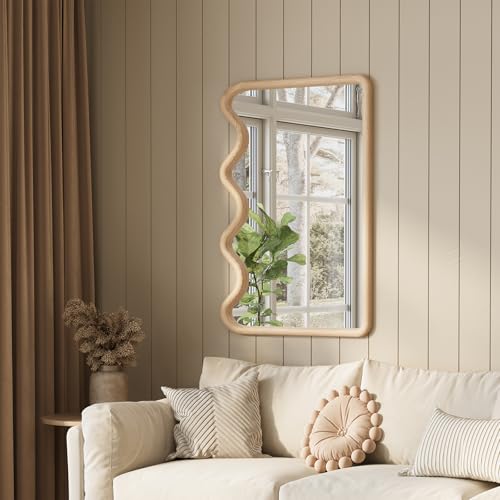 ULIKE Wavy Mirror for Wall, Rustic Wood Mirror for Bathroom Vanity, 24x36 Wooden Wall Mirrors Decorative for Bedroom, Living Room, Entryway, Natural - color: Wavy Wood