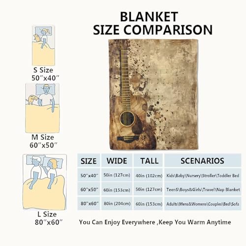 Vintage Guitar Blanket Music Notes Retro Throw Blankets,Birthday Gifts for Women Men,Lightweight Soft Fleece,Musician Lovers,Sofa Couch Bed Room Modern Rustic Decor 50x60in - color: Guitar, size: 50x60in