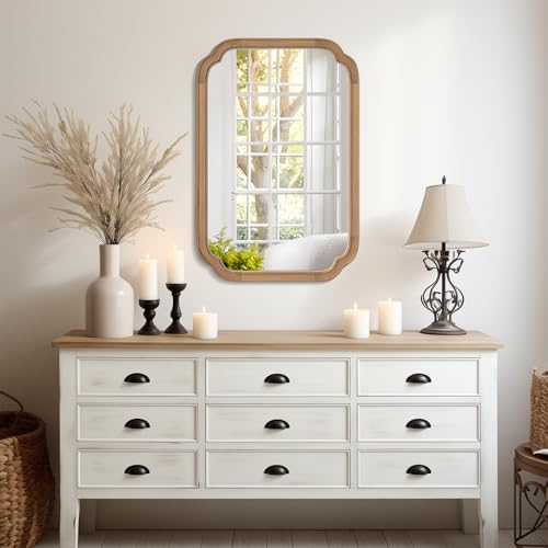 WallBeyond 20" x 30" Rounded Corner Arch Wall Mirror with Wood Frame for Entryway, Living Room or Bedroom Home Decor - Light Woodgrain [20" x 30" Honey-Colored] - color: Honey a, size: 30"L x 20"W