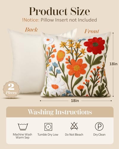 Embroidered Throw Pillow Covers 18x18 Inch - Set of 2 Summer Spring Boho Decorative Pillow Covers with Zipper for Living Room Couch Sofa Bed Aesthetic Design Flower Cluster Cushion Pillowcases - color: Flower Cluster, size: 18" x 18" (Pack of 2)