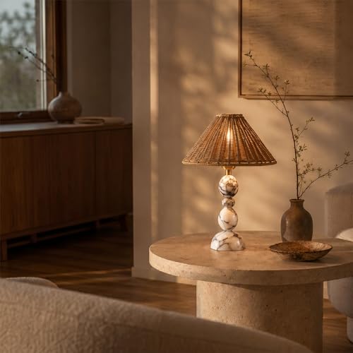 Calacatta Marble Table Lamp with Hand-Woven Rattan Shade, Vintage Stone Lamp with 3 Color Temperatures, Luxury Light for Bedroom Living Room - size: 15.3in