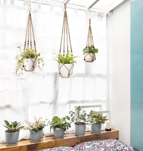 Mkono 3 Pack Macrame Plant Hangers Indoor Different Size Hanging Planter Basket Flower Pot Holder with Beads No Tasselss 43"/35"/29", Large, Brown - color: Brown, size: Large
