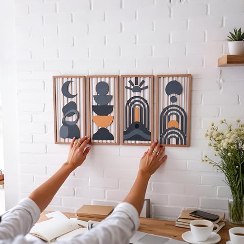 Blue Boho Wall Decor Set of 4, Abstract Blue Wall Art & Wall Decor Blue, Mid-Century Modern Aesthetic Artwork with Arch,Framed Wall Art - 3D Wooden Geometric Wall Sculpture for Bedroom Living Room Office (E) - color: E