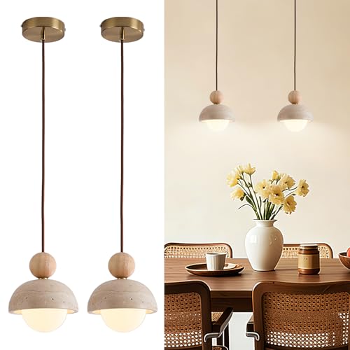 Wabi Sabi Pendant Light Set of 2, Natural Travertine Stone & Wood Hanging Lamp for Kitchen Island, Hallway, Living Room, Bedroom, Dining Room Ceiling Decor (G9 Bulb, 5.9 in Stone Round)