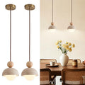 Wabi Sabi Pendant Light Set of 2, Natural Travertine Stone & Wood Hanging Lamp for Kitchen Island, Hallway, Living Room, Bedroom, Dining Room Ceiling Decor (G9 Bulb, 5.9 in Stone Round)