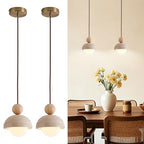 Wabi Sabi Pendant Light Set of 2, Natural Travertine Stone & Wood Hanging Lamp for Kitchen Island, Hallway, Living Room, Bedroom, Dining Room Ceiling Decor (G9 Bulb, 5.9 in Stone Round)