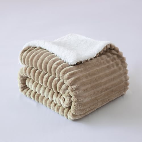Tan Sherpa Fleece Throw Blanket 50”×60” for Couch Sofa Bed,Super Soft Cozy Plush Double Side Thick Flannel Blanket with Striped Design Lightweight for Adults,Woman,Girls - color: Tan, size: 50×60inch