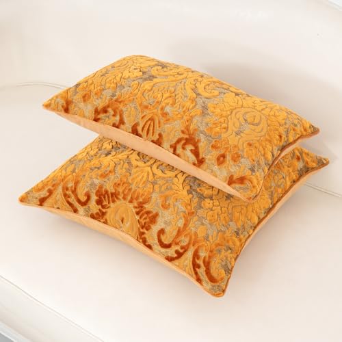 Alerfa Boho Orange Floral Throw Pillow Cover 20x20 Inch Cut Velvet Sqaure Luxury Embroidered Decorative Pillow Cover for Couch Living Room Bedroom - color: Orange, size: 20" x 20" (Pack of 1)