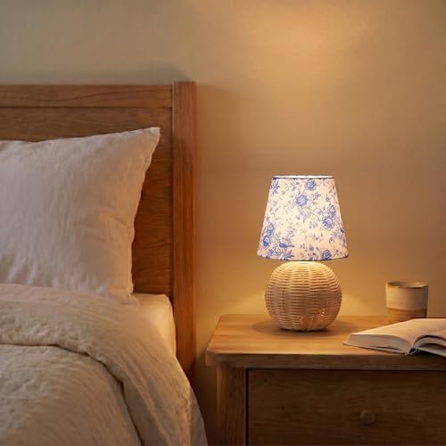 Vintage Small Wicker Lamp, Rattan Body Fabric Lampshade, Adjustable Light Color and Brightness, Power-Off Memory, Safe USB Powered, Boho Style Night Light for Bedroom Living Room (Blue Flowers) - color: Blue Flowers