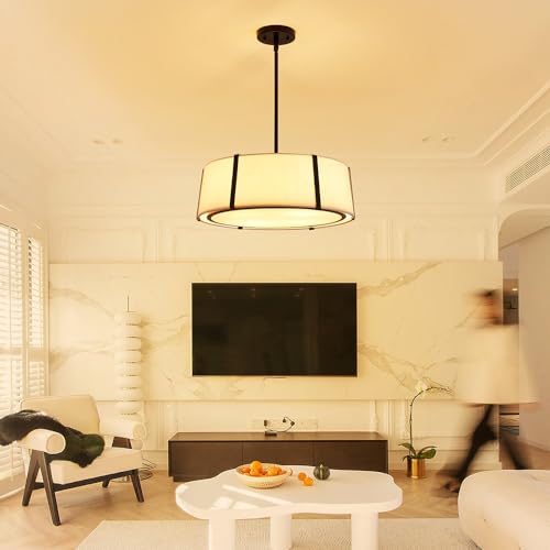 Shrine Lighting Drum Pendant Light, Modern Style, Drum Chandeliers for Dining Room, D18'' x H6'', Adjustable Chains 39'', E12*4 Sockets, White Lampshade & Black Finish - color: Black D18''