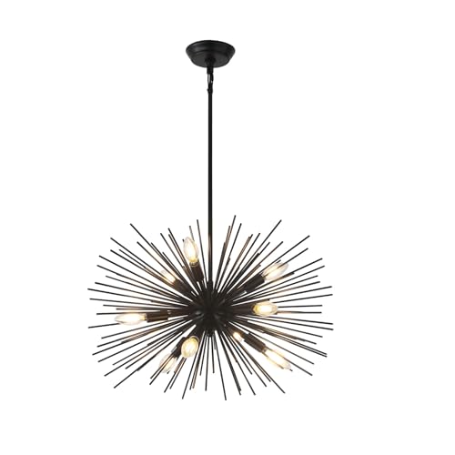 24in Black Sputnik Chandelier Mid Century Modern 9-Lights Starburst Chandelier Solid Metal Firework Urchin Satellite Chandeliers for Dining Room, Kitchen, Bedroom, Living Room, Foyer, E12 - color: Black 24" 9-Light Hanging Rod