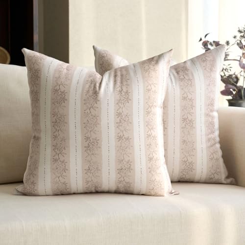 DOMVITUS Floral Pillow Covers 22x22 Inch Set of 2, Vintage Striped Block Print Decorative Throw Pillow Covers Neutral Farmhouse Boho Home Decor for Couch Sofa Bed Living Room, Cream White - color: Cream White, size: 22" x 22" (Pack of 2)