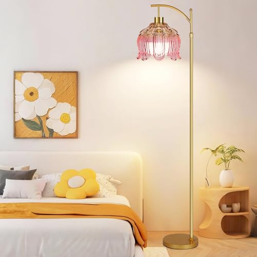 QIYIZM Pink Floor Lamp for Living Room,Bedroom,Glass Gold Dimmable Standing Lamp with Remote,Mid Century Modern Brass Tall Lamp Boho Floor Lamps Arc Stained Tulip Flower Floor Light Lamp Bohemian - size: 30-Floor Lamp