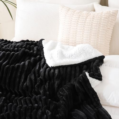 Black Sherpa Fleece Throw Blanket 50”×60” for Couch Sofa Bed, Double Side Soft Fuzzy Cozy Plush Thick Flannel Blanket with Striped Design Gift for Adults,Woman,Girls - color: Black, size: 50×60inch
