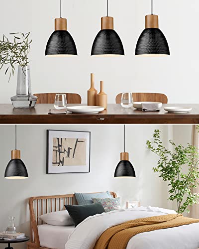 ELYONA Hammered Pendant Light, 10.2” Industrial Hanging Lamp with Solid Wood & Metal Shade, Modern Pendant Light Fixtures for Kitchen Island, Bar, Farmhouse Dining Room, Bedroom, Living Room, Black - color: Black - 1 Pack