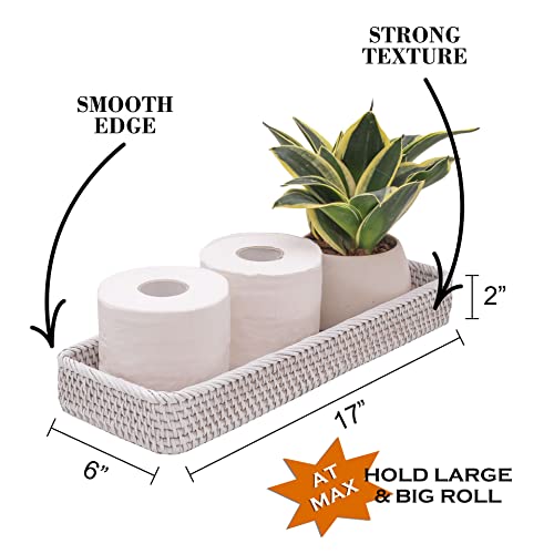 Rattan Toilet Tank Basket Guest Towel Napkin Woven Holder for Serving Organizing Bread Shelves Bathroom Counter Organizers and Storage Decorative Wicker Tray (17 x 6 x 2 inches, White Wash)