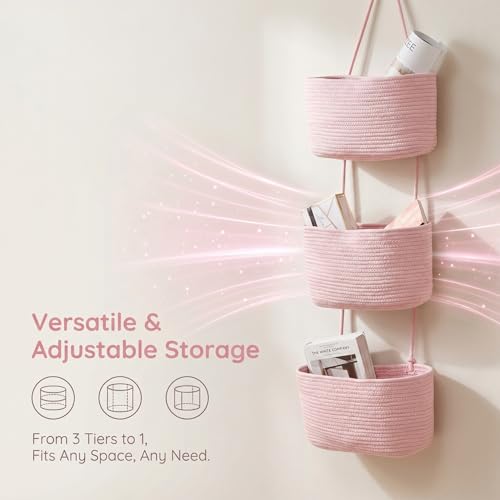 Pink 3-Tier Woven Cotton Rope Hanging Basket, Over the Door Organizer, Adjustable Detachable Wall Basket with Metal & Adhesive Hooks, No Drilling for Girls Room, Bedroom & Dresser Storage - style: Pink
