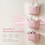 Pink 3-Tier Woven Cotton Rope Hanging Basket, Over the Door Organizer, Adjustable Detachable Wall Basket with Metal & Adhesive Hooks, No Drilling for Girls Room, Bedroom & Dresser Storage - style: Pink