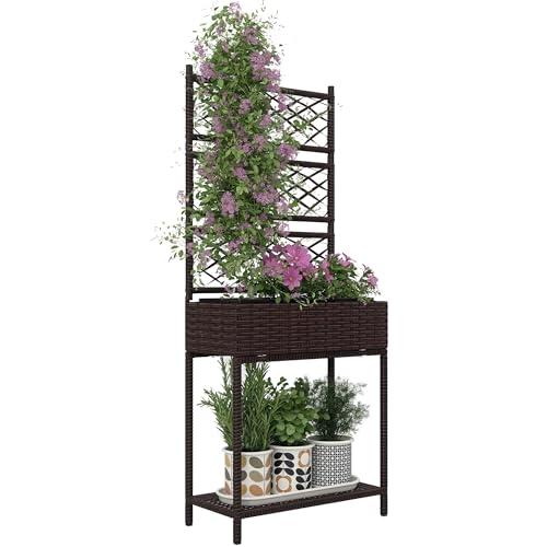 Outsunny Raised Garden Bed with Trellis, Outdoor Wicker Planter, Freestanding Rattan Planter Stand with Storage Shelf for Climbing Plants, Flowers, Herbs, Vegetables, Brown - color: Brown