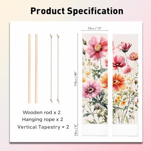 PLIGREAT 2 Pack Colorful Watercolor Flowers Tapestry Vertical Wall Hanging with Tassels Vintage Wildflower Aesthetic Wall Tapestry for Bedroom Living Room Dormitory Backdrop Home Art Decor - color: pink,orange
