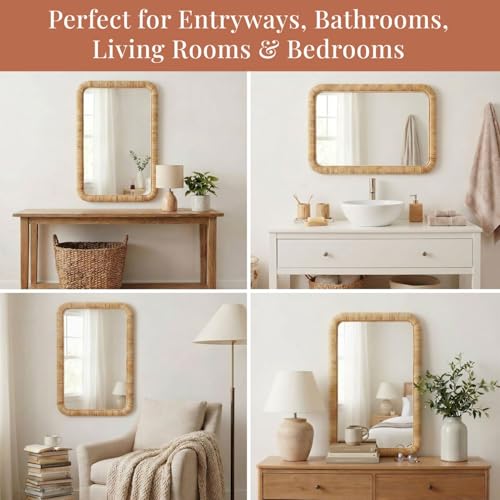 Barnyard Designs Rattan Wall Mirror, Rectangular Farmhouse Boho Accent for Bathroom, Entryway or Bedroom, Woven Natural Honey Rattan Frame (24" x 36", Rectangular) - size: 36"L x 24"W