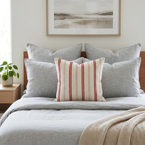 SanVia Cotton Throw Pillow Covers 20x20 – Handwoven Jacquard Texture, Fade-Resistant, No Pilling – Hidden Zipper, Decorative Cushion Cover for Sofa, Couch, Bed – Insert Not Included (Striped, White) - color: Winterberry, size: 20" x 20"