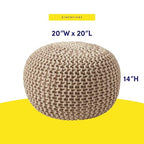 Pouf Ottoman Foot Rest Stuffed – 20” Diameter x 14” Tall Cozy Floor Pouf for Living Room, Bedroom, Nursery & More – 100% Cotton Knit Shell, EPS Bead Filled Footrest & Accent Chair, Taupe - color: Taupe